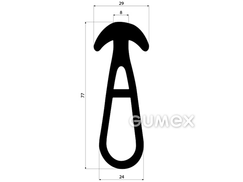 Gumový profil tvaru "T" s 2 dutinkami, 77x29/8mm, dĺžka 1700mm, 70°ShA, EPDM, -40°C/+100°C, čierny